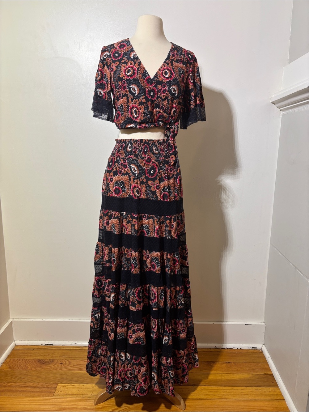 Anthropologie Black Floral Lace Tiered Maxi Skirt and Wrap Top Set